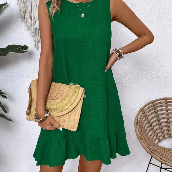 Sleeveless Ruffle Hem Mini Dress Green Summer Sundress Round Neck Casual Dress - Picture 3 of 5